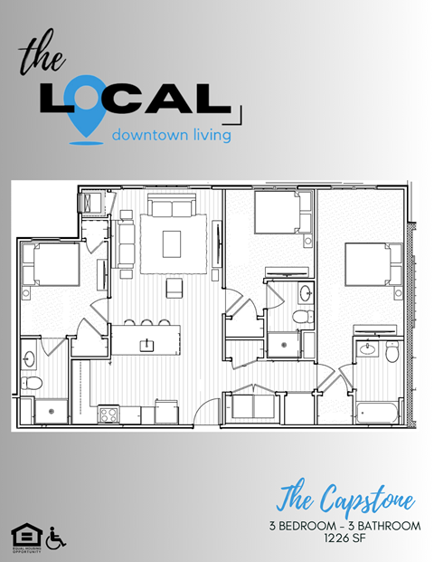 Floor plan for 3 beds, 3 baths, 1226 sqft